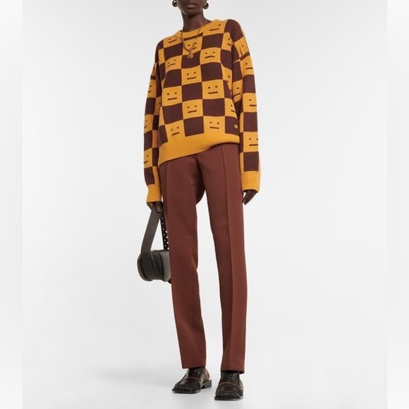 🍁☃️ACNE STUDIOS Women's Face Jacquard Wool Sweater Ochre Orange Coffee Brown - Picture 5 of 14